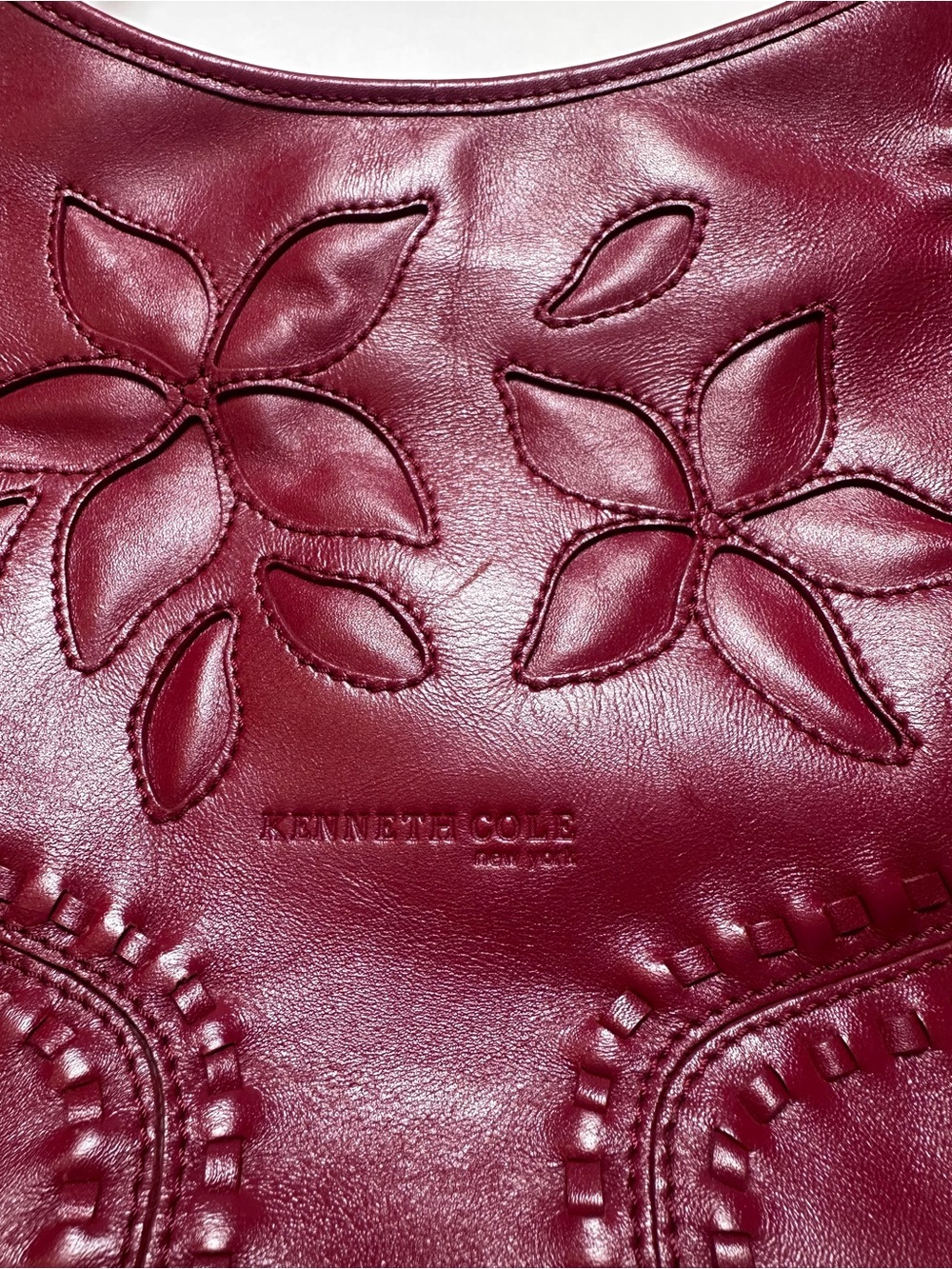 Kenneth Cole Y2K Burgundy Leather Floral Embossed Hobo Shoulder Bag Boho - Picture 4 of 10